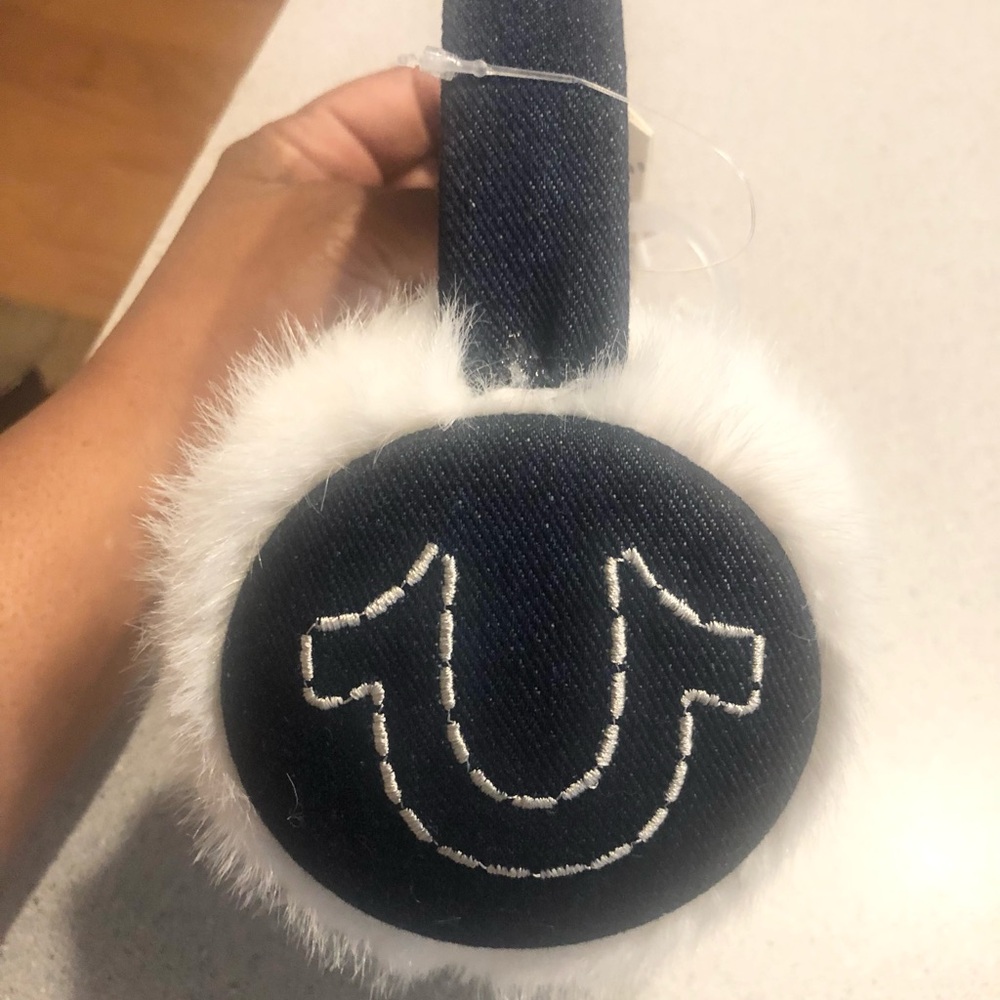 New True Religion Blue Headband Earmuff  with White Faux Fur Trim